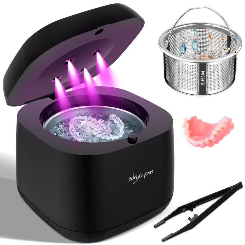 [Australia] - Ultrasonic Retainer Cleaner Machine U-V, 45KHz, 2 Modes Quiet, Denture Aligner Cleaner Dental Cleaning Pod Ultrasonic Cleaner for All Dental Appliances, Mouth Guard Jewelry 6.8oz Black 