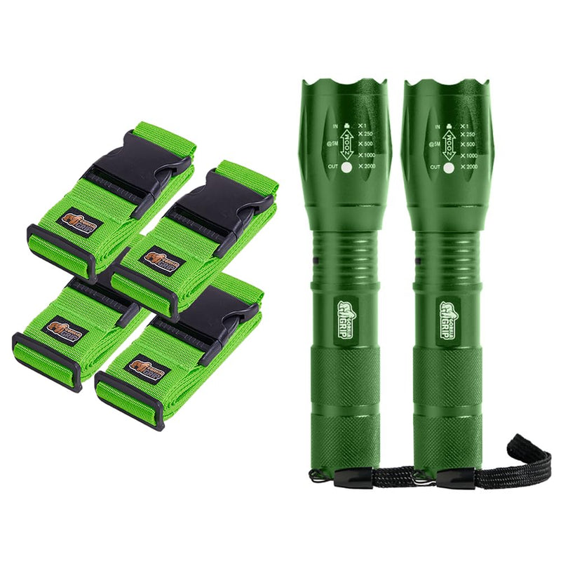 GORILLA GRIP Luggage Straps and Tactical Flashlights, Luggage Straps Tightening Belts 4 Pack in Green, Tactical Flashlight Adjustable Mode 2 Pack in Hunter Green, 2 Item Bundle