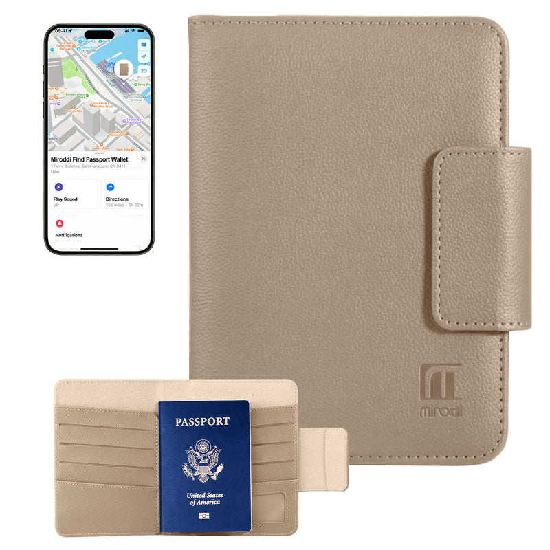 Miroddi Passport Holder Works with Apple Find My, 8-Slot Card Wallet | Travel Essentials, Wireless Charging, RFID Blocking, Leather Passport Wallet for for Men and Women with Tracker, Khaki