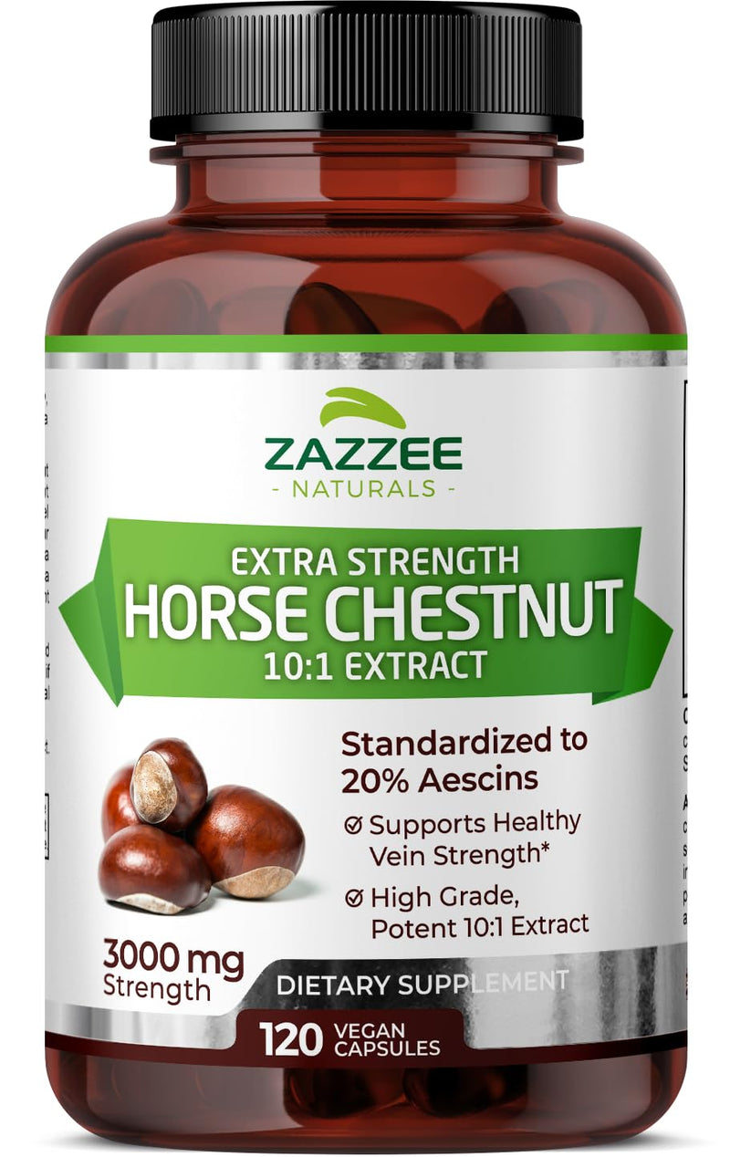 Zazzee Extra Strength Horse Chestnut 10:1 Extract, 3000 mg Strength, 20% Aescins, 4 Month Supply, 120 Vegan Capsules, Concentrated and Standardized 10X Extract, All-Natural, Non-GMO, Made in The USA - PawsPlanet Australia