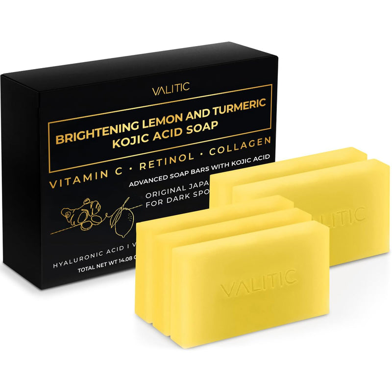 VALITIC Brightening Lemon & Turmeric Kojic Acid Soap with Vitamin C, Retinol, Collagen - Original Japanese Complex Infused with Hyaluronic Acid, Vitamin E, Shea Butter - Dark Spot Corrector (5 Pack) 5 Pack