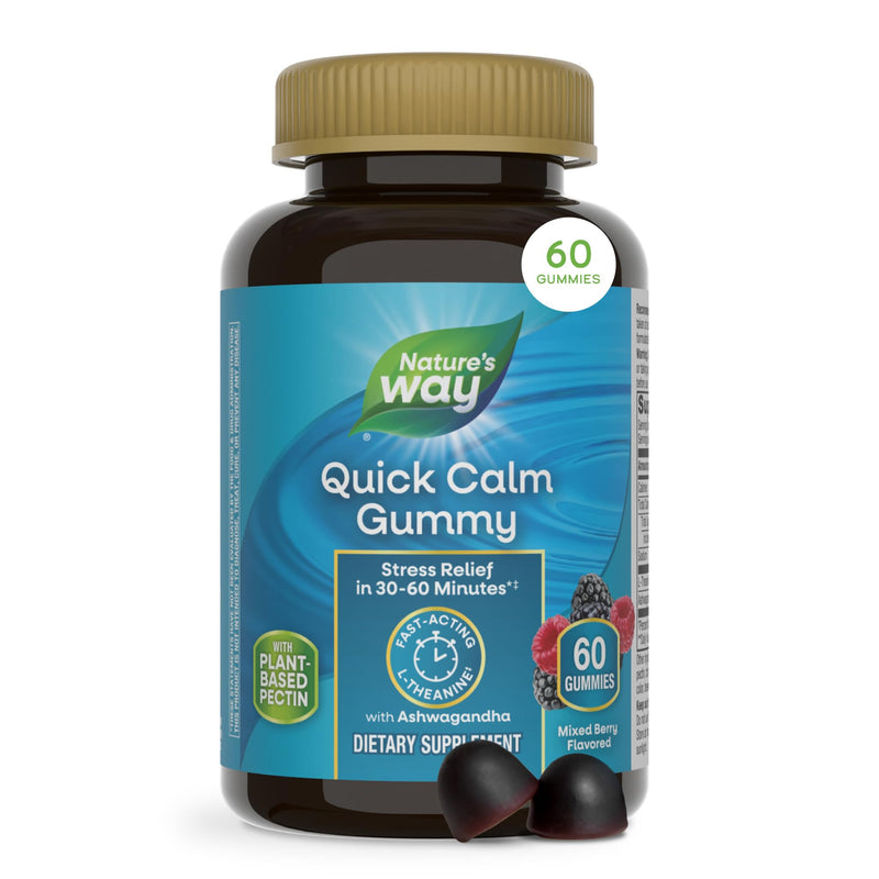 Nature's Way Quick Calm Gummies with L-Theanine*, Wild Berry, 60 ct | Fast-Acting Stress Relief Within 30-60 Minutes*(1), with Ashwagandha, Vegetarian, Mixed Berry Flavored, 60 Gummies