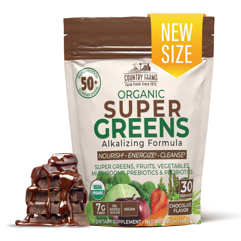 [Australia] - COUNTRY FARMS Super Greens Chocolate Flavor, 50 Organic Super Foods, USDA Organic Drink Mix (Wheat Grass, Spirulina, Chlorella) Mushrooms & Probiotics, with Fiber, Natural Energy, 30 Servings 15.87 Ounce (Pack of 1) 
