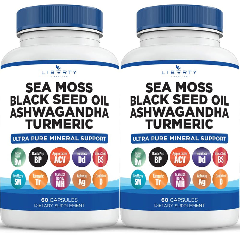 [Australia] - Sea Moss Black Seed Oil Ashwagandha Turmeric Bladderwrack Burdock - with Manuka, Honey Dandelion, ACV Black Pepper Gluten Free - 2-Pack 60 Count (Pack of 2) 