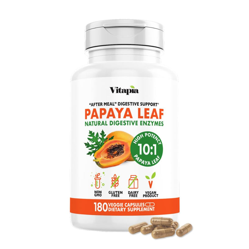Papaya Leaf 10:1 Extract - Natural Digestive Enzymes for Digestion, Bloating Relief, Immune Support - 1500mg Per Serving - 180 Veggie Capsules - Non-GMO, Gluten-Free, Vegan-Friendly Supplement Papaya Enzyme 180