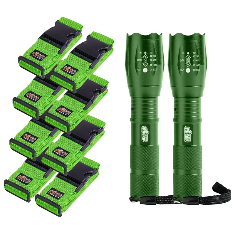 GORILLA GRIP Luggage Straps and Tactical Flashlights, Luggage Straps Tightening Belts 8 Pack in Green, Tactical Flashlight Adjustable Mode 2 Pack in Hunter Green, 2 Item Bundle