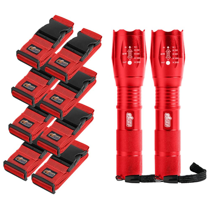 GORILLA GRIP Luggage Straps and Tactical Flashlights, Luggage Straps Tightening Belts 8 Pack, Tactical Flashlight Adjustable Mode 2 Pack, Both in Red, 2 Item Bundle