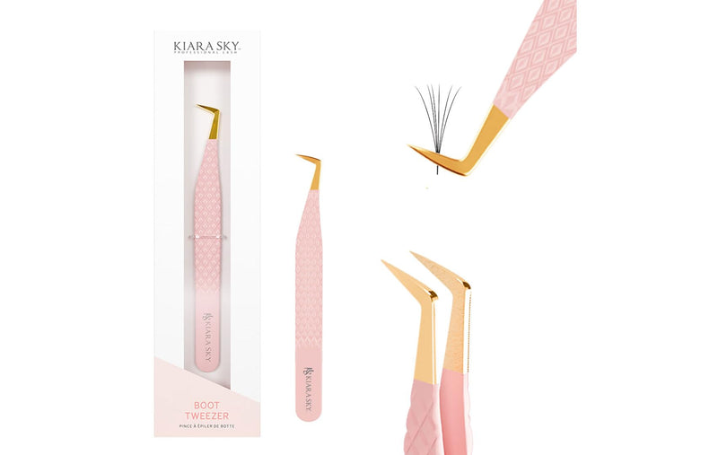 KIARA SKY LASH Tweezer for Eyelash Extensions | Precision Fiber Tip Grip | Volume, Mega Volume, and Lash Removal Fills | Comfortable Ergonomic Design | Pink and Gold, BOOT TWEEZER