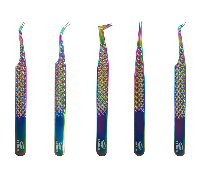 UM Supplies Eyelash Extension Tweezers pack of 5 | Professional Japanese Stainless Steel Tools | Straight | Curved | Angled | Tip 45 Degree | 90 Degree Volume Tweezers Precision Degree l Rainbow