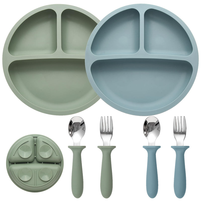 [Australia] - Baby Feeding Set, 2 Pack Silicone Divided Suction Plates for Baby, 2 Pack Spoons and Forks Set, BPA Free, Baby Led Weaning Supplies for Toddler Utensils 