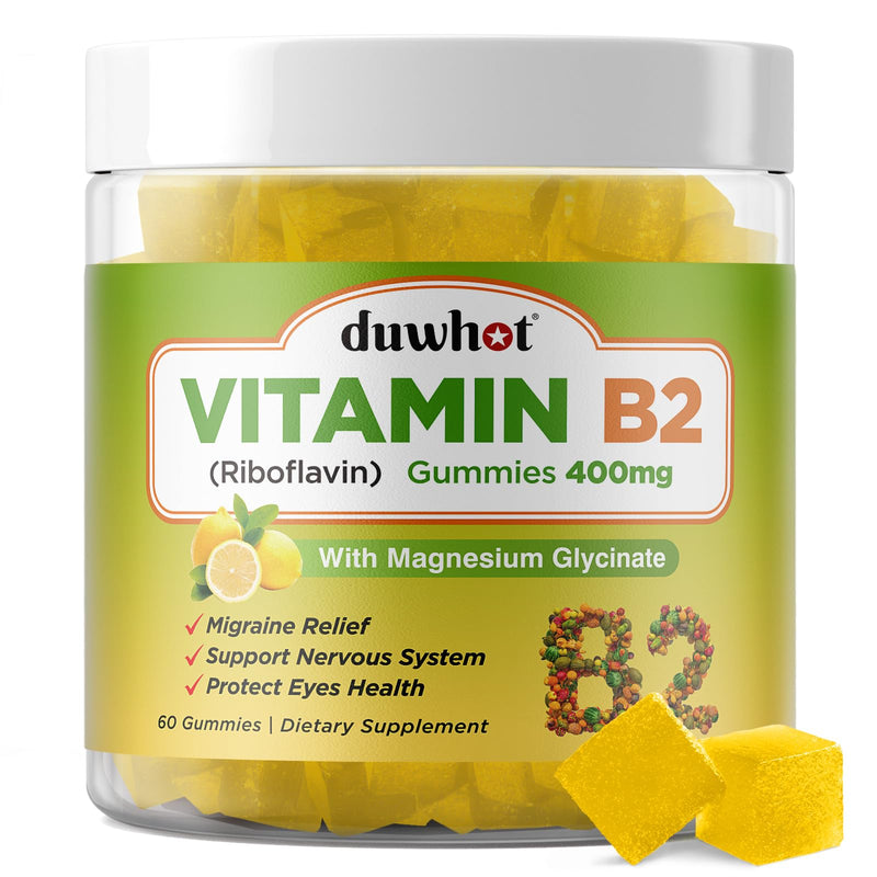 Vitamin B2 Gummies with Magnesium- Riboflavin 400mg for Migraine Relief | B2 Vitamins Gummies for Adults & Kids Headache Relief, Vegan, 60 Chewable