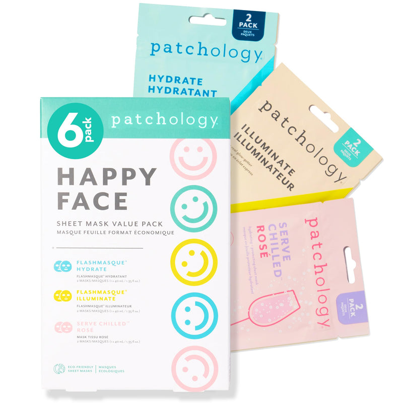 Patchology Face Mask Variety Pack - Illuminating Face Mask with Vitamin C stimulates collagen, Hydrating Face Masks with Hyaluronic Acid soften skin, Renewing Face Masks with Strawberry (6 Masks)