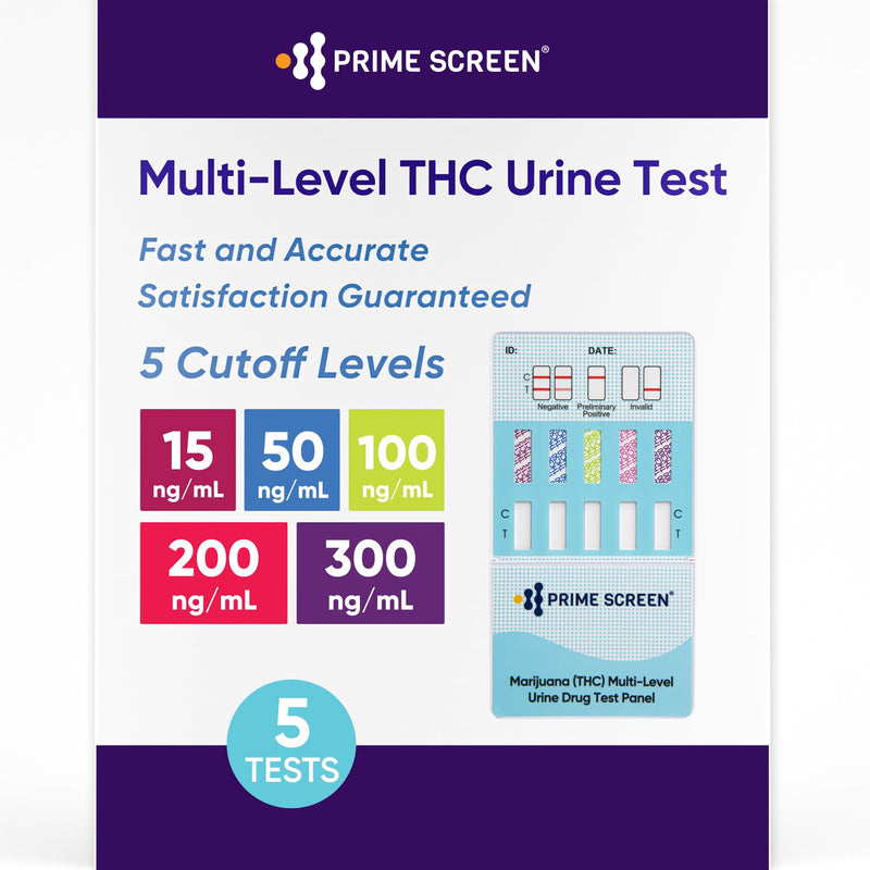 [Australia] - Prime Screen Multi Level Marijuana(THC) Urine Test Kit. Highly Sensitive THC 5 Level Drug Test Kit. Detects at 15 ng/mL, 50 ng/mL, 100 ng/mL, 200 ng/mL and 300 ng/mL [5 PACK] 