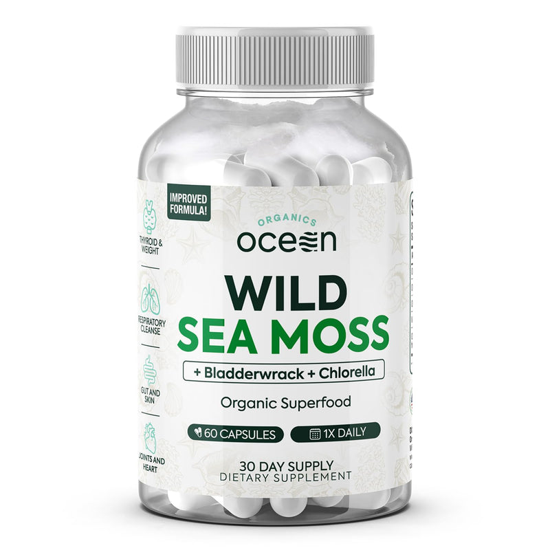 [Australia] - Wild Sea Moss Capsules - 100% Organic Irish Sea Moss with Organic Chlorella, Bladderwrack and Vitamin D for Energy, Lung Health and Thyroid Support for Women and Men - 60 Capsules 