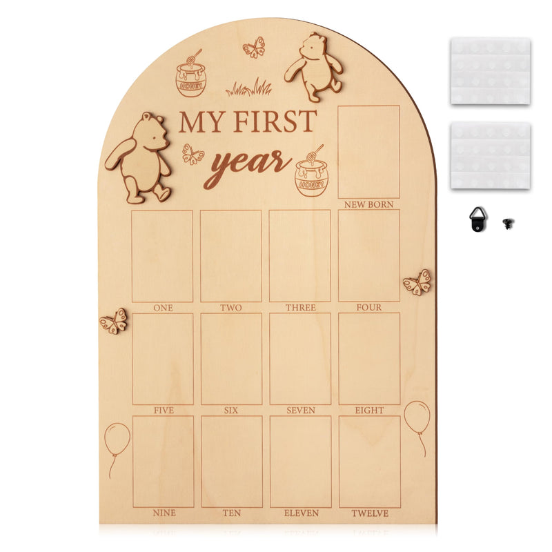 [Australia] - My First Year Photo Display Wood Board Bear Pattern Baby's 1st Birthday Picture Frame Newborn 12 Months Photos Milestone Memories Keepsake Board Gift Nursery Decoration for Boys Girls 