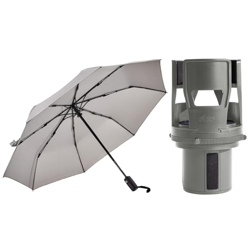 GORILLA GRIP Umbrella and Car Cup Holder Expander, Windproof Compact Stick Umbrella Lightweight, Car Cup Holder Expander Fits 18 to 48oz Big Water Bottles Both in Gray, 2 item Bundle
