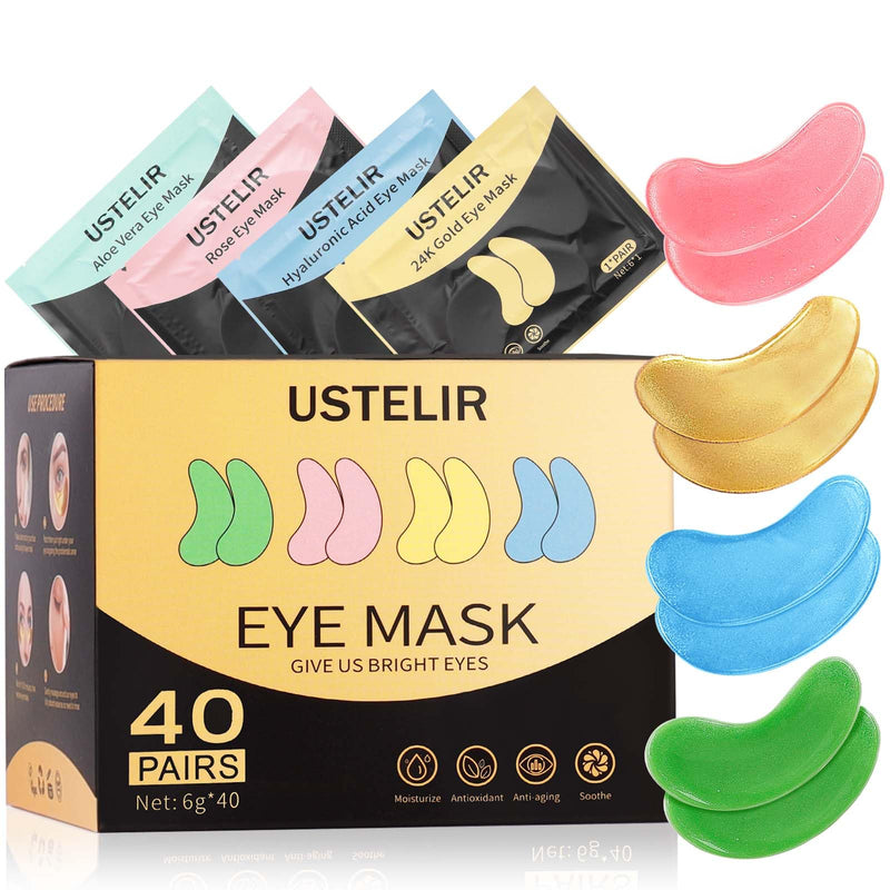 [Australia] - Under Eye Patches, 40 Pairs Eye Mask for Dark Circles, Puffy Eyes, Undereye Bags,Wrinkles,Eye Mask Patches with 24K Gold, Hyaluronic Acid,Rose & Aloe Vera, Eye Treatment Skin Care for Men & Women Gift 24K Gold,Pink,Blue,Green 