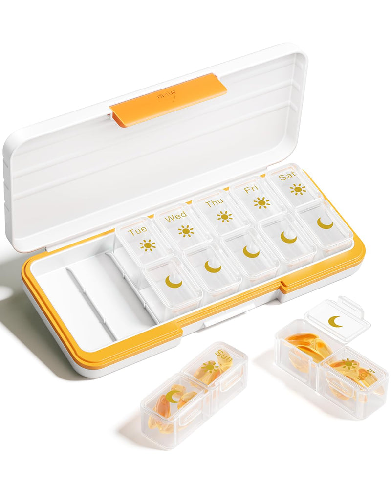 Betife AM PM Pill Organizer 2 Times a Day, 7 Day Pill Box - Yellow | Removable AM/PM Daily Cases; Roomy for Fish Oil and Vitamins; Sturdy ABS Shell with Moisture-Resistant Silicone Protection. Beige