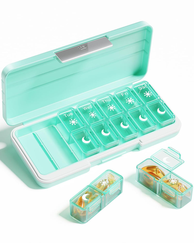 Betife AM PM Pill Organizer 7 Day, Weekly Pill Organizer Box 2 Times a Day | Portable Travel Pill Organizer, Cute, Easy Open, Airtight, Fashion, Dust-Proof, Reusable, Sturdy for Medication, Vitamin Green