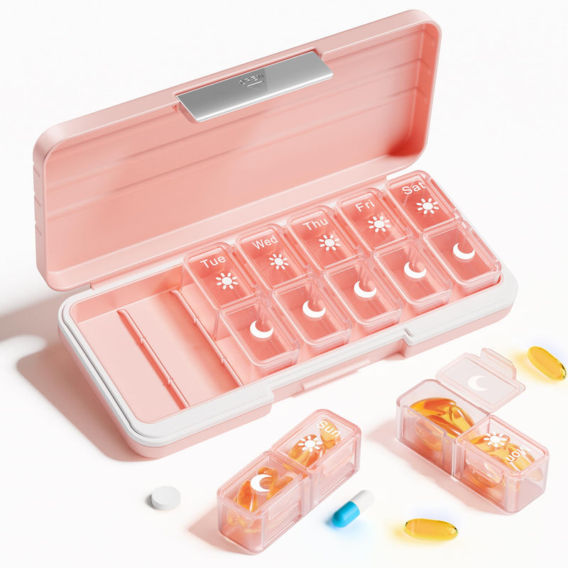 Betife AM PM Pill Organizer 2 Times a Day, 7 Day Pill Box - Pink | Removable AM/PM Daily Cases; Roomy for Fish Oil and Vitamins; Sturdy ABS Shell with Moisture-Resistant Silicone Protection.