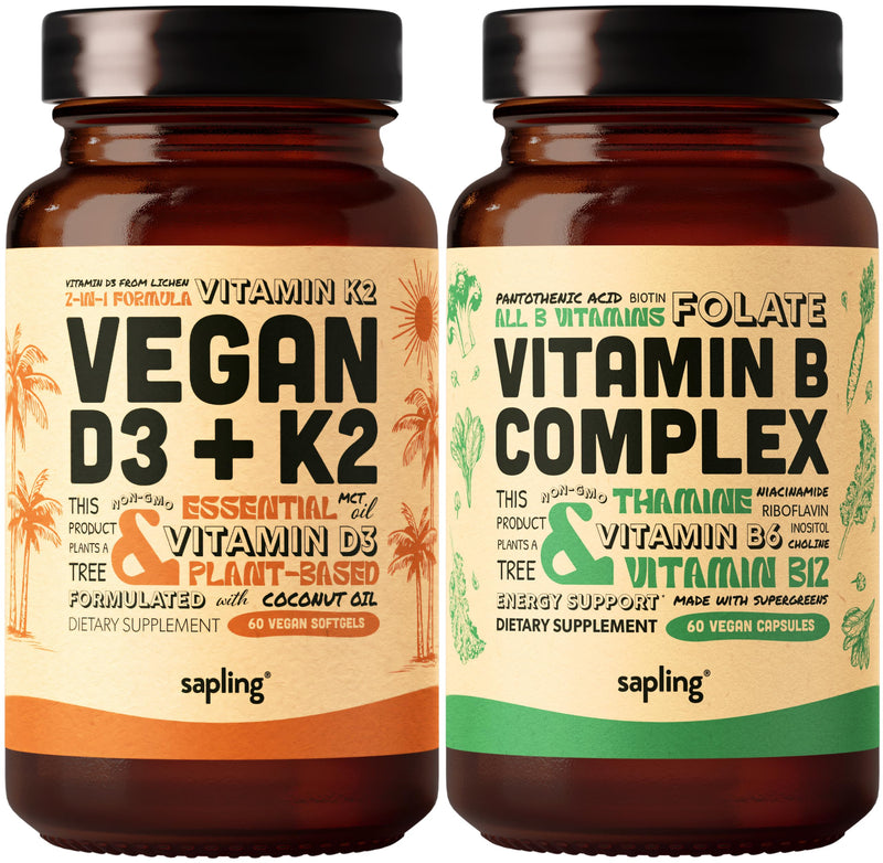 sapling Vegan Vitamin D3 + K2 & Vitamin B Complex Bundle - 4000 IU Vitamin D3 and 100mcg Vitamin K2 as Mk7, Essential B Vitamins with Whole Food Blend, B1, B2, B3, B5, B6, B7, Folate