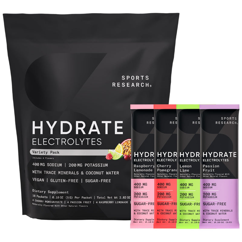 [Australia] - Sports Research Hydrate Electrolytes Powder Packets - Sugar-Free & Naturally Flavored with Vitamins, Minerals, and Coconut Water - Supports Hydration - 16 Packets - Variety Pack 16 Packets (Pack of 1) 