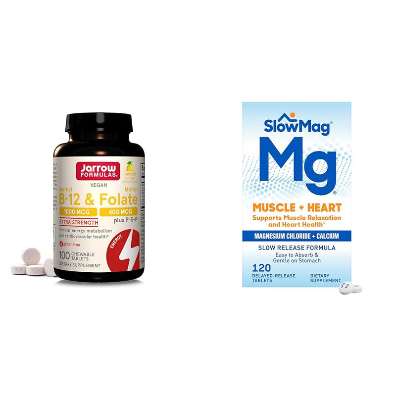 Jarrow Formulas Extra Strength Methyl B-12 1000 mcg & Methyl Folate 400 mcg + P-5-P & SlowMag Muscle + Heart Magnesium Chloride with Calcium Supplement to Support Muscle Relaxation 100 Servings (Pack of 1) Methyl B-12&Methyl Folate+Magnesium Chloride