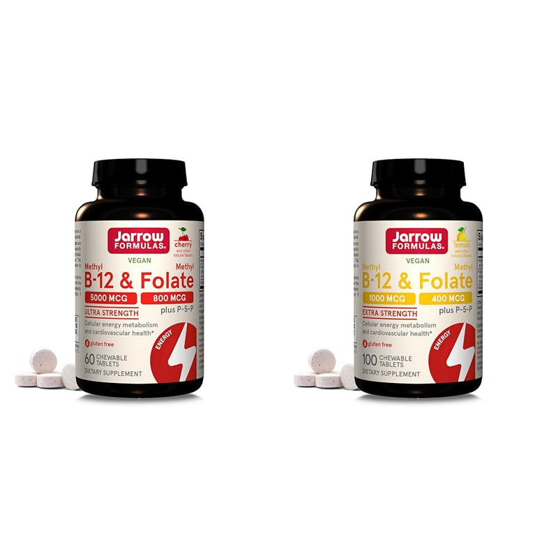 Jarrow Formulas Ultra Strength Methyl B-12 5000 mcg & Methyl Folate 800 mcg + P-5-P & Extra Strength Methyl B-12 1000 mcg & Methyl Folate 400 mcg + P-5-P, Dietary Supplement