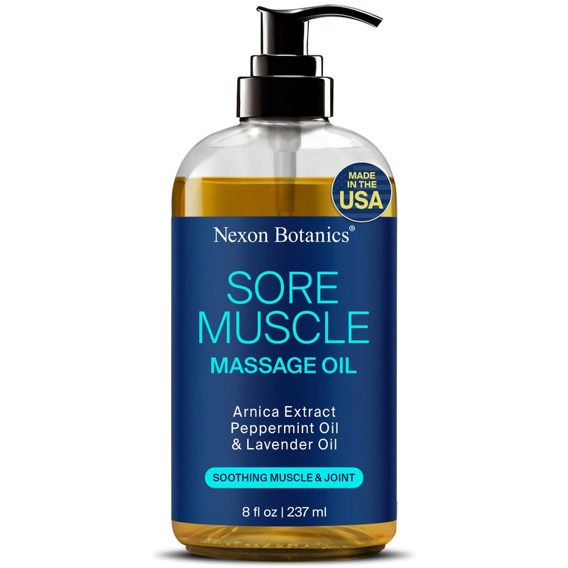 [Australia] - Sore Muscle Massage Oil 8 fl oz - Body Massage Oil for Massage Therapy - Peppermint, Lavender, Arnica Oil for Pain Relief, Muscle Relaxing - Nexon Botanics Sore Muscle 