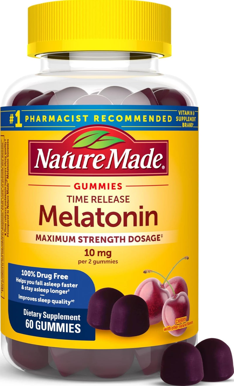Nature Made Time Release Melatonin Gummies 10mg per Serving, 60 Gummies | Maximum Strength Dosage Sleep Aid for Adults, 100% Drug Free, Time Release Melatonin Improves Sleep Quality, 30 Day Supply