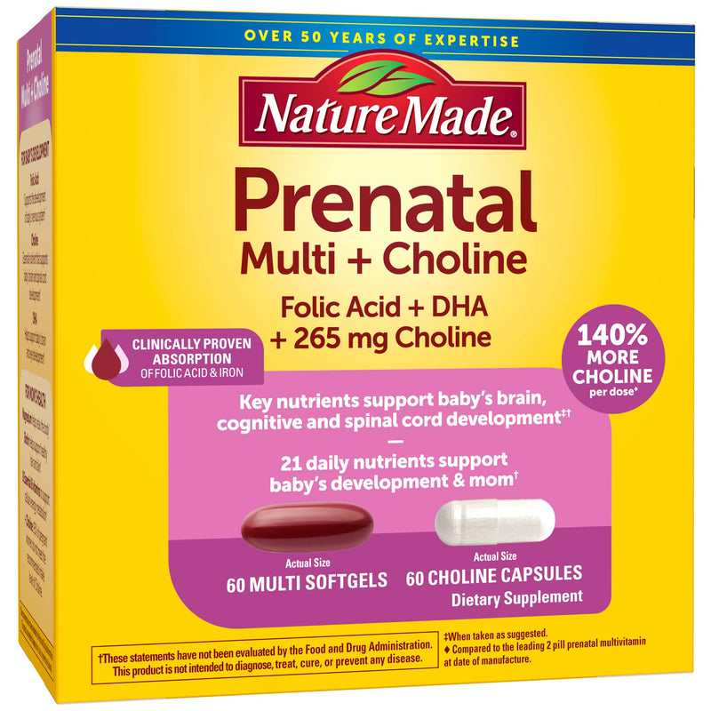 [Australia] - Nature Made Prenatal Vitamin Softgels + Choline Capsules, Folic Acid + DHA + Choline, 60 Prenatal Vitamins for Women, 60 Choline Supplements Capsules, 60 Day Supply 