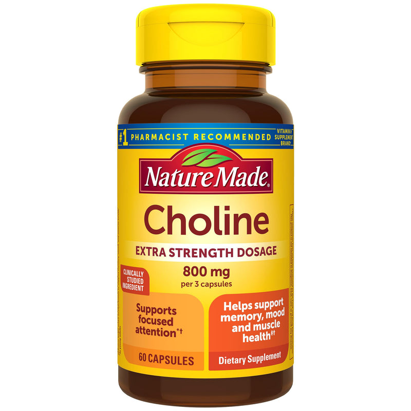 [Australia] - Nature Made Extra Strength Dosage Choline Supplements 800 Mg Per 3 Capsules, Brain Health, Mood, Muscle & Liver Support, Vegetarian, 60 Capsules, 20 Day Supply 