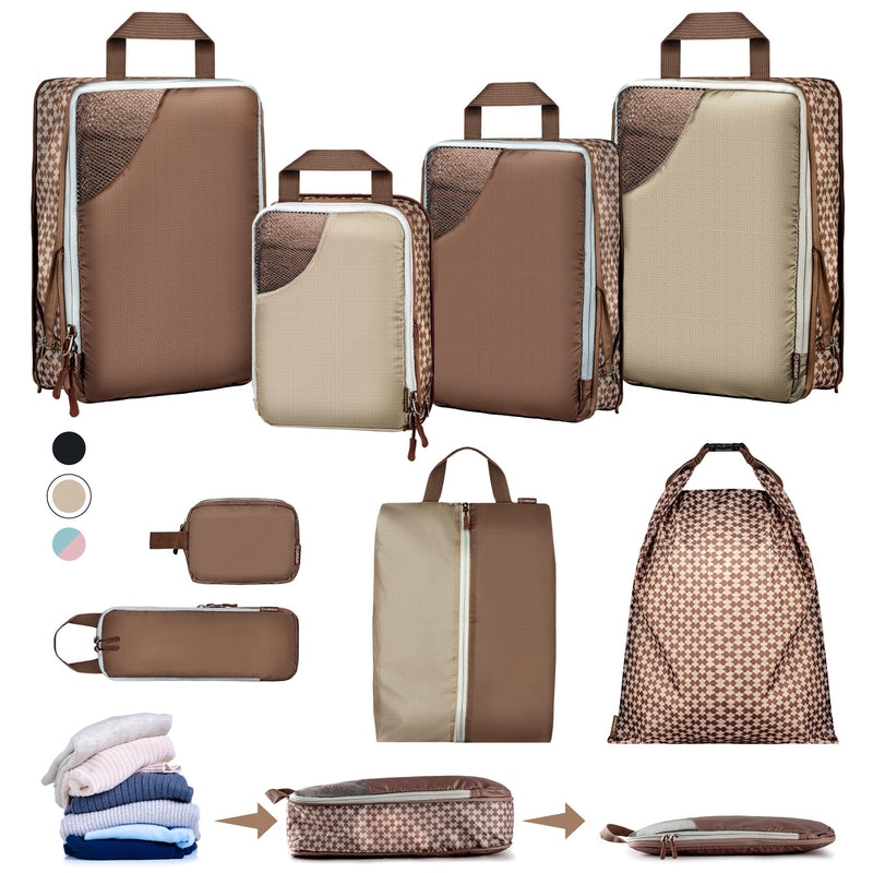 Oriday Set of 8 compression packing cubes for travel accessories- Expandable bags for clothing, toiletry, backpacks, organizing essentials (Beige) Beige