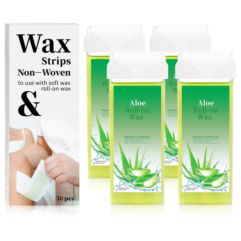 [Australia] - Roll On Wax Refill, Hair Removal Wax Cartridge, Depilatory Wax Roller Refill for Legs and Arms. with 4 Aloe Wax Rollers, 50 Waxing Strips,5 Clean Oil 