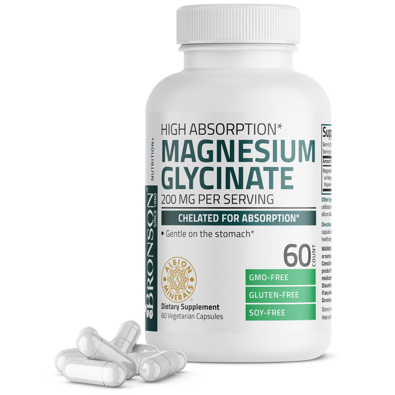 [Australia] - Bronson Magnesium Glycinate 200 MG per Serving Chelated for High Absorption, Gentle On Stomach, Non-GMO, 60 Vegetarian Capsules 60 Count (Pack of 1) 
