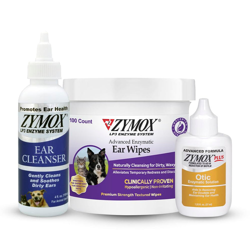 Zymox Enzymatic Ear Wipes, Ear Cleanser, & Otic Plus Ear Solution Hydrocortisone Free for Dogs and Cats - Product Bundle - for Dirty, Waxy, Smelly Ears and to Soothe Ear Infections - PawsPlanet Australia