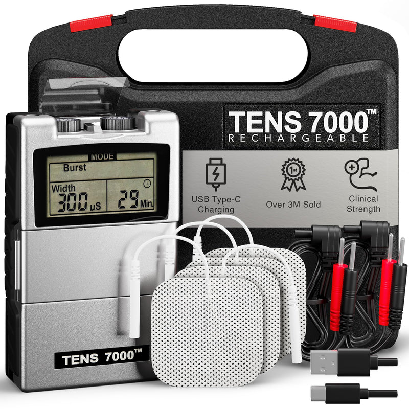 TENS 7000 Rechargeable Tens Unit Muscle Stimulator, Back Pain Relief, 4 Electrodes/Unit Pads, Period Pain Simulator, Muscle Recovery & Growth, Stim Machine, Electrotherapy, TENS Machine DT7304