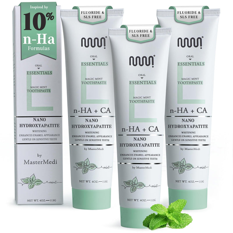 [Australia] - MasterMedi Nano Hydroxyapatite Toothpaste (Inspired by 10% nHA Formulas), Fluoride-Free, Whitening, Sensitive Teeth Care, Enamel Support, SLS Free, Xylitol, Magic Mint, 4 Oz (Pack of 3) A - Magic Mint (Pack of 3) 