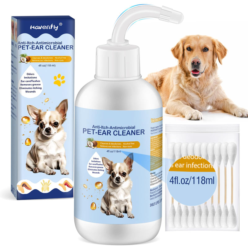Ear Cleaner for Dogs and Cats 4 oz, Gentle and Non Irritating Dogs Ear Infection Treatment, Itch Relief Pet Ear Drops,Dog Ear Wash Removes Wax, Odor with 10 Cotton Swabs - PawsPlanet Australia