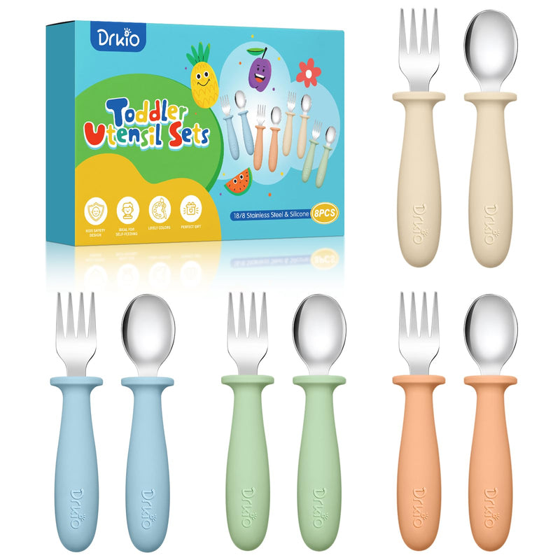[Australia] - 8 Pieces Toddler Utensils Set - Kids Silverware Set with Silicone Handle Children Safe 18/8 Stainless Steel Forks and Spoons Anti-Choke Design Food Grade Dishwasher Safe 