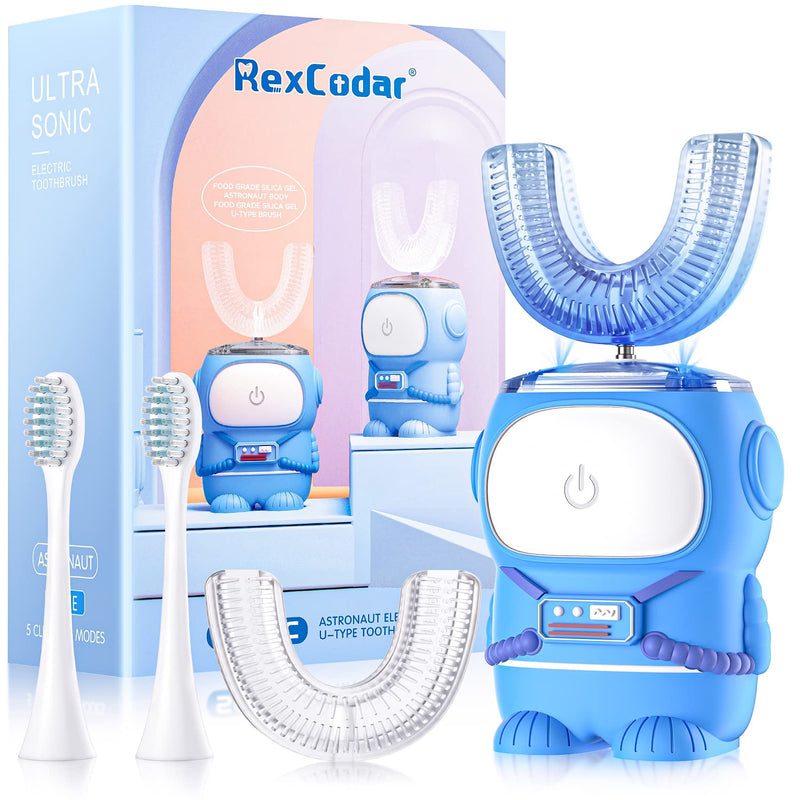 [Australia] - RexCodar Ultrasonic Kid's U-Shaped Electric Toothbrush, IPX7 Waterproof, Five Cleaning Modes, 60S Smart Reminder (Blue Ages 6-12) Navy Blue 