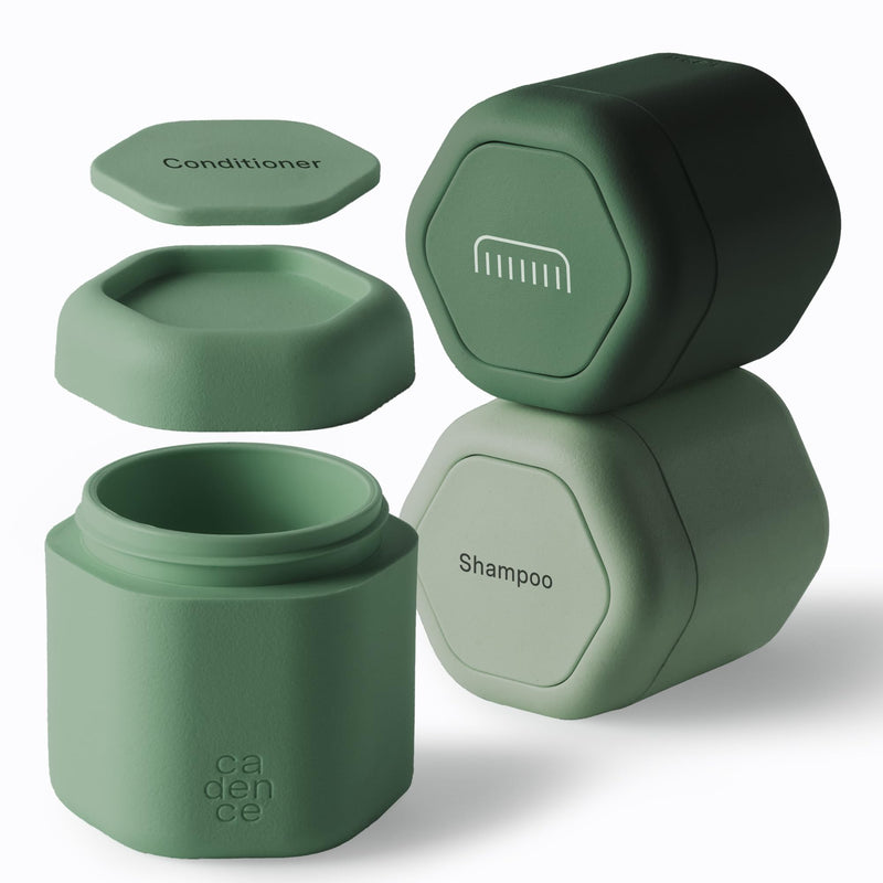 Cadence Travel Containers Haircare Capsule Set - Magnetic Containers with Lids,Carry On Travel Essentials For Women/Men - 3 Flex Mediums (1.32oz) - Shampoo, Conditioner & Comb Icon Labels - Evergreen Haircare (Set of 3)