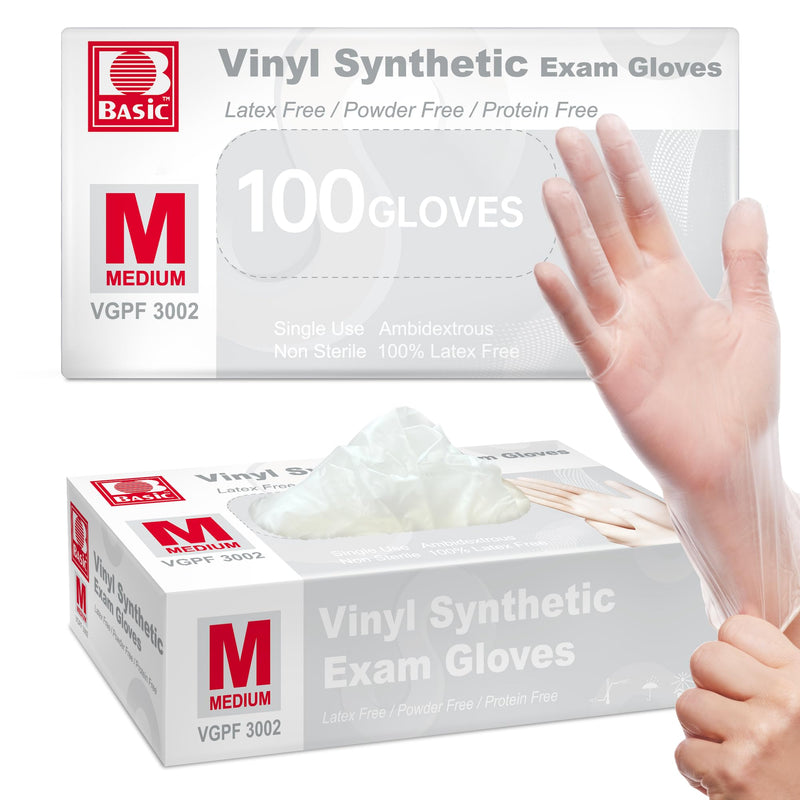 [Australia] - Basic Vinyl Exam Gloves, 4 Mil Powder-Free Food Safe House Cleaning Disposable Medical Glove, Clear 100 Pcs Clear (Medium 100) 