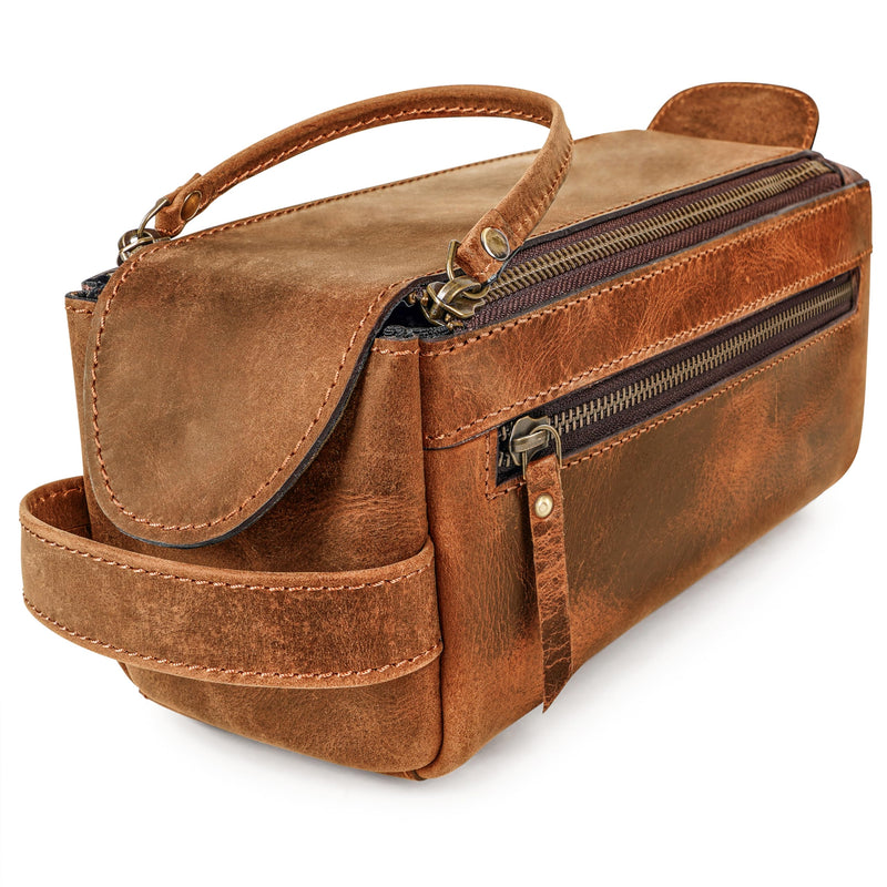 Premium Handmade Genuine Leather Toiletry Bag for Men & Women, Dopp Kit & Shaving Travel Organizer, Cosmetic Wash Bag with Zipper Pocket Travel Pouch, Gift for Him & Her - Tan Brown Tan (Large)