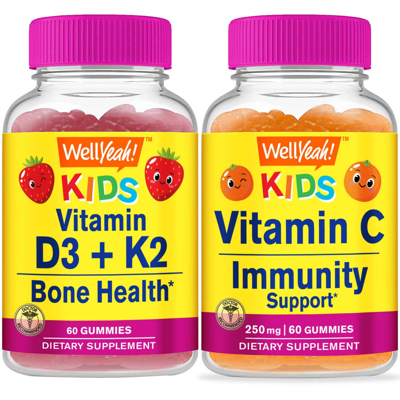 WellYeah Vitamin D3+K2 Kids + Vitamin C Kids, Gummies Bundle - Great Tasting, Vitamin Supplement, Gluten Free, GMO Free, Chewable Gummy