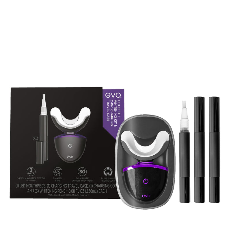 [Australia] - EVO LED Light Teeth Whitening Kit with Blue Light Mouthpiece, Enamel Safe Stain Remover, Charging Travel Case, Includes 3 Whitening Pens, 30-Minute Treatments 