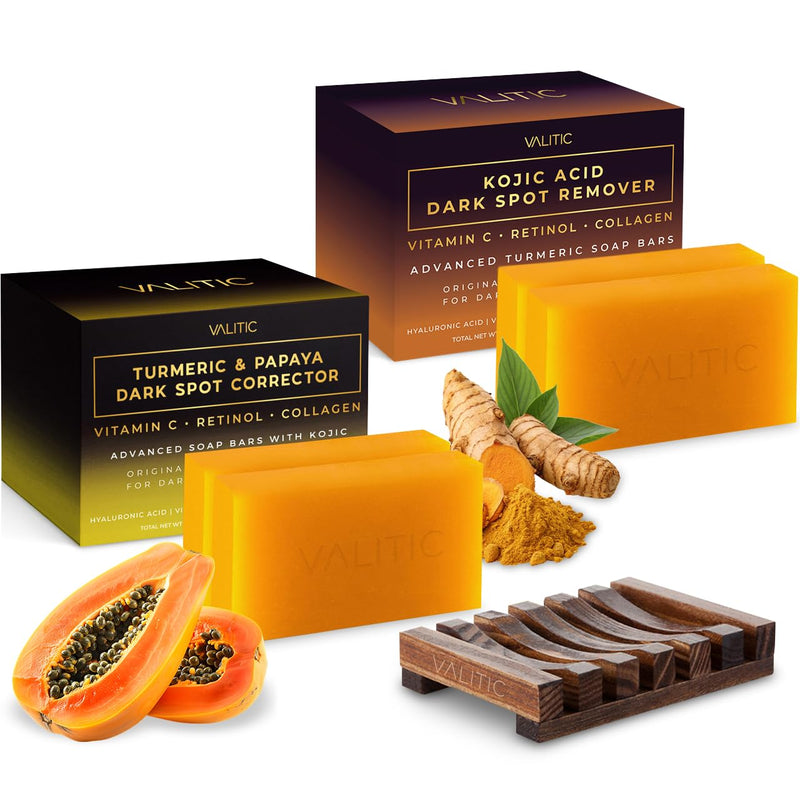 VALITIC Papaya and Turmeric Kojic Acid Soap Bar - Dark Spot Corrector Skin Care Cleansing Bar - Infused with Vitamin C, Hyaluronic Acid - Papaya 2 Pack, Kojic 2 Pack, Holder 2 Pack + 2 Pack + Holder