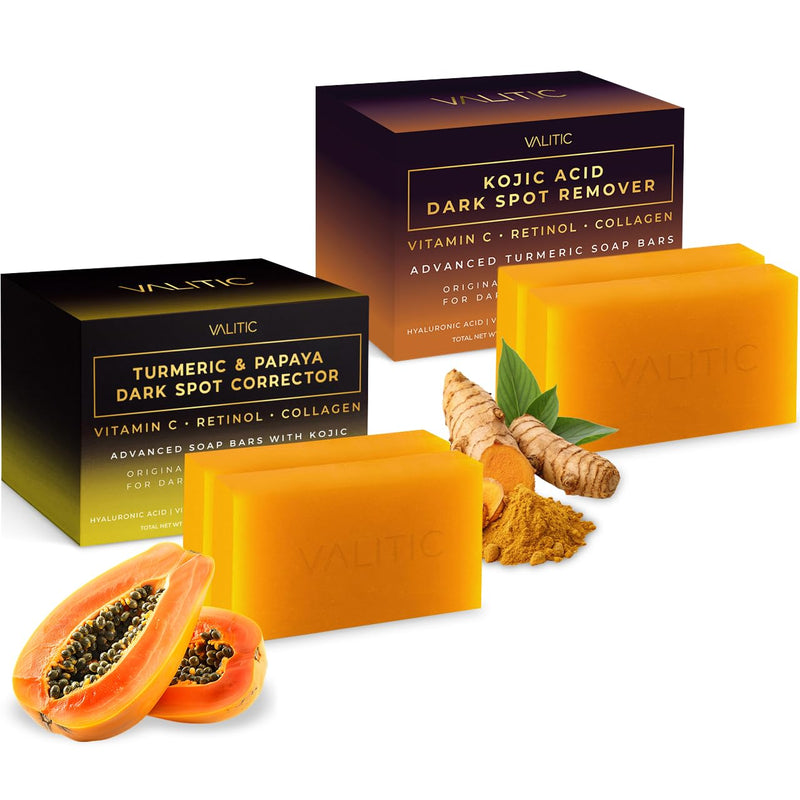 VALITIC Papaya and Turmeric Kojic Acid Soap Bar - Dark Spot Corrector Skin Care Cleansing Bar - Infused with Vitamin C, Hyaluronic Acid, Collagen - Papaya 2 Pack, Kojic 2 Pack 2 Pack + 2 Pack