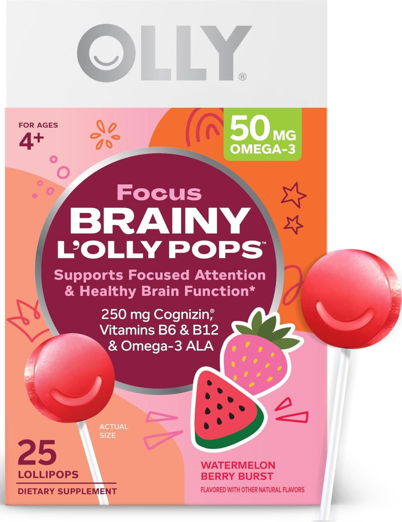 OLLY Focus Buddies L’OLLY Pops, Cognizin, Vitamins B6 and B12, Omega-3 ALA, Supports Focused Attention and Healthy Brain Function,* Kids 4+ Dietary Supplement, Watermelon Strawberry Flavored, 25 Count