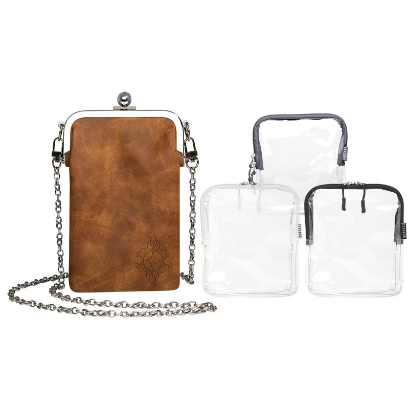 3-pack TSA-Approved Clear Toiletry Bag in Black, White, and Gray with Women’s Crossbody Bag/Double Eyeglass Case in Brown